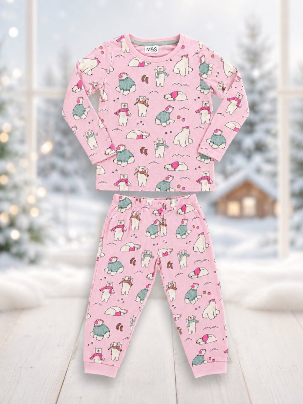 M&S Kids Pink Polar Bear Winter Pajama Set – Size 5–6 Years